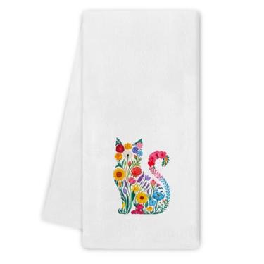 Imagem de Noaleviax Toalhas de cozinha Cat Wildflower - Presentes para amantes de gatos para mulheres amigas, decoração floral Pussycat, toalhas de mão de flores silvestres pano de prato para cozinha banheiro