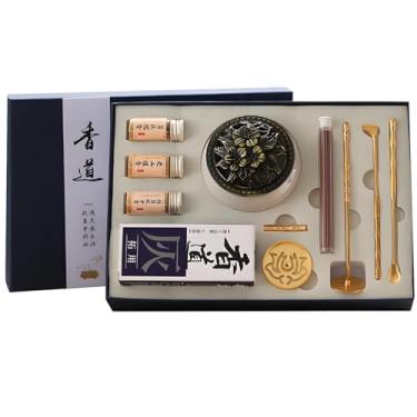 Imagem de Conjunto de suporte de cone de incenso de cobre com queimador de porcelana rachado, caixa de presente com três aromas perfumados para relaxamento