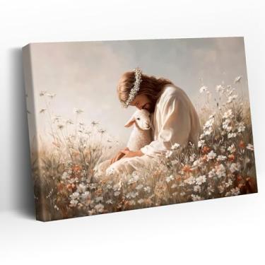 Imagem de Arte de parede Jesus e o Cordeiro Jesus Segurando o Cordeiro Perdido Cristã Decoração de Parede Fotos Religiosas Bíblia Flores Impressões de Pôster para Quarto Sala de Estar Decoração de Casa