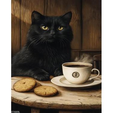 Imagem de XTXGERL Kit retrô de pintura de gato com café por números para adultos, pintura estética moderna por número em tela, kits de pintura a óleo digital de arte abstrata adequados para decoração de parede