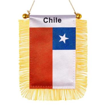 Imagem de JBSJBS Bandeira pendurada do Chile mini bandeiras de janela de carro chileno bandeiras de espelho retrovisor decoração bandeiras do Chile com ventosa franjas douradas dupla face 7,6 x 12,7 cm