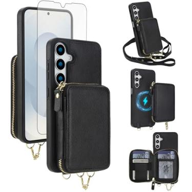 Imagem de Capa de telefone para Samsung Galaxy S23 FE 5G carteira com zíper e protetor de tela, alça transversal 2 em 1 magnético destacável bloqueio RFID flip S 23 EF S23FE 23S feminino masculino preto