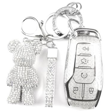 Imagem de Rayslesan Linda capa de chaveiro com pingente de urso de strass, capa inteligente de TPU para mulheres, compatível com Ford Fusion (Mondeo) Mustang F150 Edge Explorer, Lincoln MKZ MKC MKX (5 botões