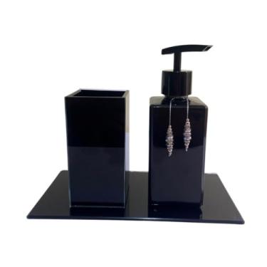 Imagem de Kit Lavabo Square 250ml com Porta Escova, Saboneteira e Bandeja Luxo(Preto Total C/Valvula Preta)