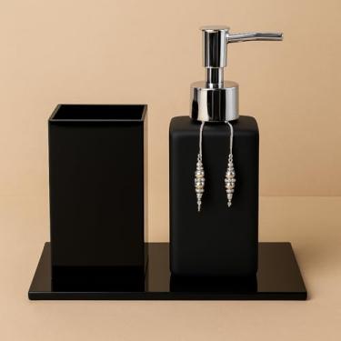 Imagem de Kit Lavabo Square 250ml com Porta Escova, Saboneteira e Bandeja Luxo(Preto Fosco C/Prata)