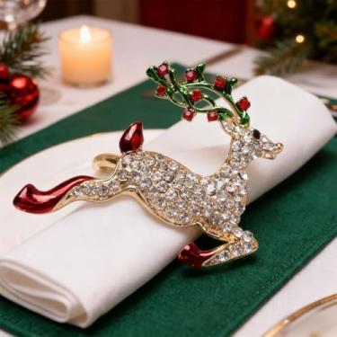 Imagem de Conjunto de anéis de guardanapo de Natal com desenhos de rena e guirlanda, porta-guardanapos de liga para mesa de férias, decorações festivas de jantar para celebrações sazonais e ocasiões especiais