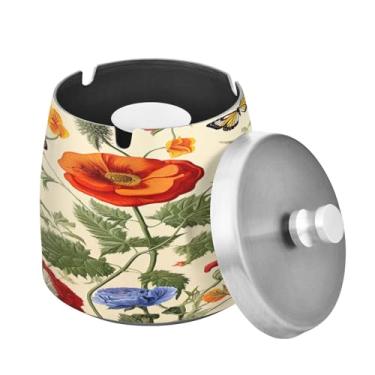 Imagem de Blueangle Cinzeiro de flores em aquarela com tampa para cigarros, à prova de vento/chuva, aço inoxidável, sem fumaça, inodoro, cinzeiro para uso interno ou externo (69)