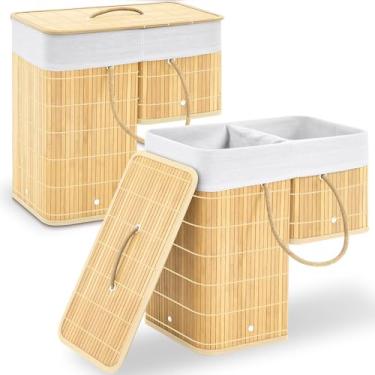 Imagem de GlikCeil 2 cestas de escada com tampa e alças, cestas dobráveis para escadas com carpete e madeira, organizador de bambu para brinquedos, livros de roupas (leve)