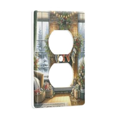 Imagem de Blueangle Placa de parede aconchegante para lareira dupla de Natal, tamanho padrão, placas de cobertura de tomada elétrica de 1 gangue para decoração de quarto de escritório em casa, 4,53 x 2,76