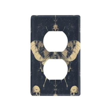 Imagem de Blueangle Placa de parede com tomada dupla de caveira morta mariposa, tamanho padrão, placas de cobertura de tomada elétrica de 1 gangue para decoração de quarto de escritório em casa, 4,53 x 2,76