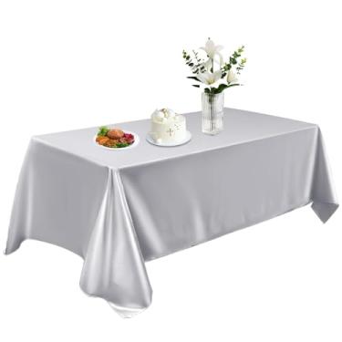 Imagem de Toalha de mesa de cetim 147 x 260 cm, toalha de mesa retangular lavável, toalha de mesa de tecido liso, decoração de mesa de seda brilhante para jantar, cozinha, festa, casamento, banquete, prata