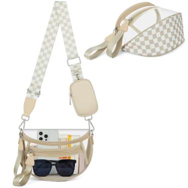 Imagem de MIVELOYA Bolsa transversal quadriculada transparente para eventos em estádios, bolsa transparente para mulheres, esportes de concerto, com bolsa de moedas RFID, Bege e branco, Large, Casual