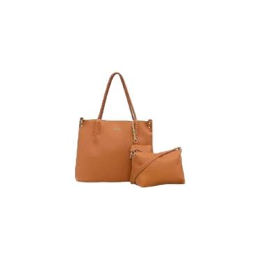 Imagem de Kit 3 Peças Bolsa Feminina Estilo Tote, Couro Sintético, Marrom, com Alça Trançada, Bolsa Transversal e Necessaire