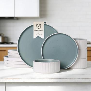 Imagem de MONITO Conjuntos de louça de cerâmica para 4, conjuntos de pratos e tigelas de grés, conjunto de pratos de esmalte reativo, duplo resistente a lascas e arranhões, seguro para micro-ondas e lava-louças