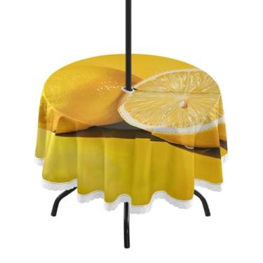 Imagem de CEBUGI Toalha de mesa redonda ao ar livre limão impermeável com furo Umberlla capa de mesa lavável para pátio, cozinha, sala de jantar 152 cm