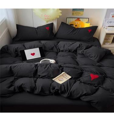 Imagem de XLCZMYL Conjunto de 3 peças de bordado de coração vermelho branco, 1 capa de edredom e 2 fronhas (sem enchimento), adequado para quarto, preto, lençol de cama de 1,8 m, 4 peças, capa de colcha 180 x