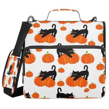 Imagem de STAYTOP Fichário escolar de abóbora e gato preto com alça de ombro, anéis de vedação de 3,8 cm, capacidade para 600 folhas, pasta de arquivos expansível, vários bolsos e organizador de armazenamento