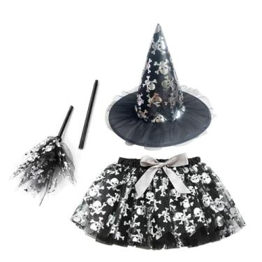 Imagem de SZRXKJ Menina preto prata chapéu de bruxa e varinha mágica padrão de caveira conjunto de fantasia de bruxa de Halloween saia de tule (preta, M)