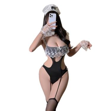 Imagem de Lingerie sexy para mulheres, body de decoração de renda de inspiração francesa, meias pretas com suspensório e 1 par de punhos de manga falsa, amarrar costas nuas, peça única para encenação, quarto