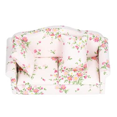 Imagem de Ainoli sofá em miniatura escala 1/12, rosa, verde, flor, padrão, madeira de bétula, casa de bonecas, sofá duplo para presente de aniversário, jogo diy