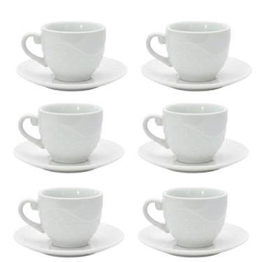 Imagem de 6 Xícaras de Cerâmica 90 ml com Pires Café Chá Expresso Pequeno Branco Elegante Luxo Detalhe Moderno