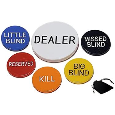 Imagem de Cyber-Deals Texas Hold'em Poker Conjunto de 6 peças de botões (revendedor, All in, Small Blind, Big Blind, Missed Blind, Reserved, Kill) + bolsa de armazenamento de veludo preto, multicolorido