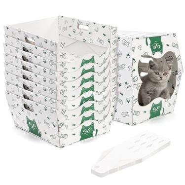 Imagem de SOUJOY Pacote com 8 caixas de areia descartáveis para gatos, caixas de areia de papelão branco resistente com colher, bandeja de areia fechada dobrável anti-respingos para gatos filhotes pequenos