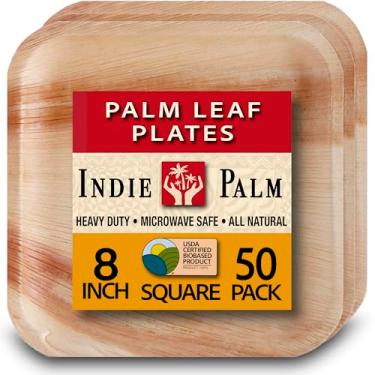 Imagem de Pratos descartáveis de folha de palmeira de 20 cm - Pacote com 50 pratos de festa ecológicos quadrados - Compostáveis, fortes, seguros para micro-ondas, semelhantes a bambu
