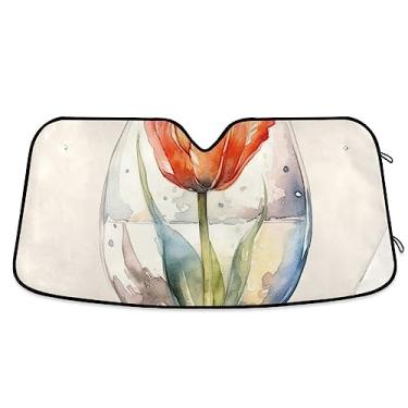 Imagem de Flor de tulipa em aquarela laranja em vaso de vidro pára-brisa para carro, protetor solar de carro, persiana de janela para carro, caminhão, SUV