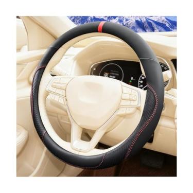 Imagem de Sandfren Capa de volante de carro, 37-38 cm de microfibra de couro de fibra de carbono antiderrapante, acessórios de decoração de interiores automotivos respiráveis, ajuste universal (linha preta