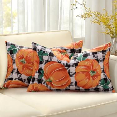 Imagem de decorUhome Conjunto de 2 capas de almofada decorativas de abóbora laranja outono 30,5 x 50,8 cm, xadrez búfalo lombar, casa de fazenda, com borda costurada para outono, colheita, sofá, cama, decoração