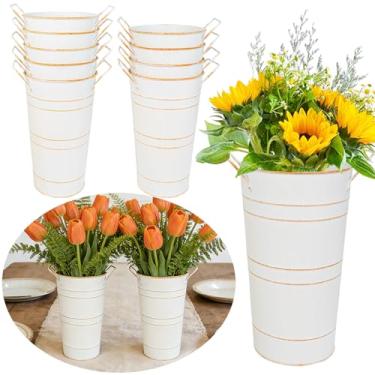 Imagem de Baldes de flores de 25,4 cm de altura – Pacote com 10 vasos de mesa rústicos para mesa com alças, decoração de mesa de casa de casamento, suporte de balde de barra de flores brancas