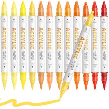 Imagem de Diyeever Canetas de tinta acrílica laranja amarela, à base de água, 12 cores, marcadores de tinta acrílica de ponta dupla para madeira, pedra, vidro, cerâmica, tela, tecido, pedra