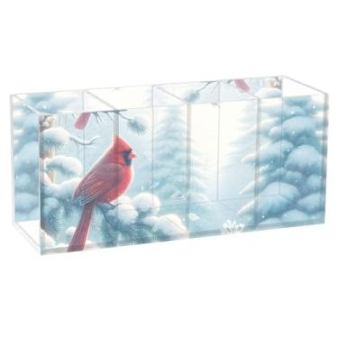 Imagem de TSENQUE Porta-canetas de mesa de acrílico de neve personalizado Cardinals para escritório, papelaria, decoração de escritório, acessórios de mesa