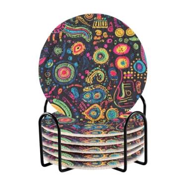 Imagem de Conjunto de 6 porta-copos circulares de desenho abstrato neon com rack de armazenamento preto, 10 cm de diâmetro, porta-copos de mesa de centro