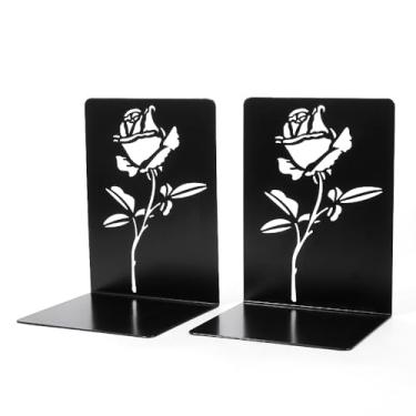 Imagem de Suportes de livros de rosa preta com extremidades de livro de flores de rosas vazadas organizador de metal mesa de escritório biblioteca escolar suportes de livros decorativos para volta às aulas