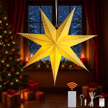 Imagem de YPGFDZYDHH Lanterna de estrela de papel de 58 cm com luzes de LED, luz de estrela suspensa de 7 pontos para Natal, casamento, aniversário, lanterna de papel 3D branca com orifício redondo com controle