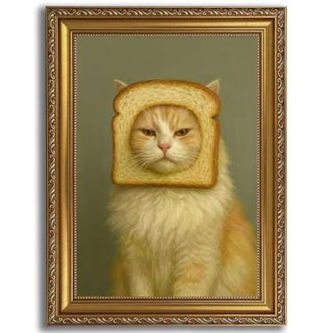 Imagem de Arte de parede vintage em tela de gato emoldurado em ouro engraçado gato em fatia de pão impressões de pôster bonito humorístico pintura de animais imagens arte decoração de parede para sala de estar