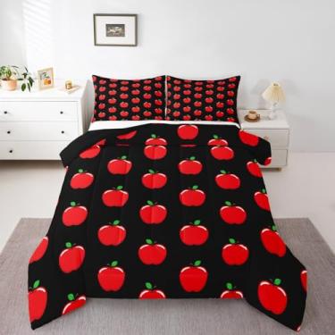 Imagem de Conjunto de cama solteiro com desenho animado de maçã vermelha, 2 peças, para meninos, meninas, adolescentes, estampa de frutas adoráveis, simples, hippie, conjunto de edredom com 1 fronha
