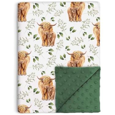 Imagem de Cobertores de vaca Highland para bebês unissex meninos meninas, minky macio de camada dupla com fundo pontilhado, cobertor verde animal de fazenda para recém-nascido, 76 x 101 cm