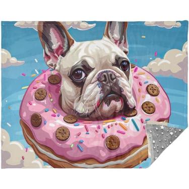 Imagem de TSENQUE Cobertor de lã de buldogue francês de desenho personalizado 177,8 cm x 139,7 cm cobertor de sofá para uso ao ar livre para homens mulheres cobertores e mantas rosa