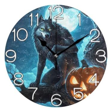 Imagem de GAIGEO Relógio de parede analógico decorativo operado por bateria relógio de cozinha rústico, decoração de parede retrô moderna art déco, lobo balck Pumpkin Halloween, 25 cm, ponteiros pretos