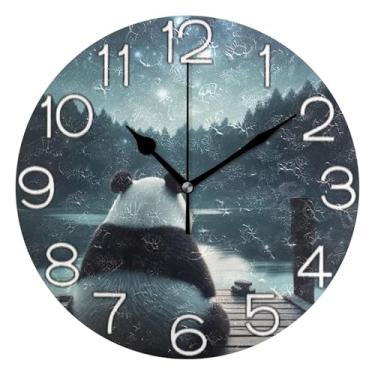 Imagem de GAIGEO Urso panda estrelas relógio de parede analógico decorativo noturno relógio de cozinha bonito estético silencioso sem tique-taque, decoração de parede de casa de fazenda moderna, 25 cm