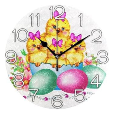 Imagem de Relógio de parede analógico decorativo redondo sem tique-taque silencioso relógio de cozinha fofo, decoração de parede de casa de fazenda moderna, lindos pintinhos amarelos ovos de Páscoa, 25 cm