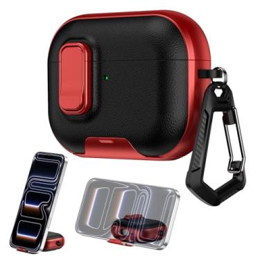 Imagem de Capa compatível com AirPods 4 2024, capa para AirPods 4ª geração com suporte de telefone embutido, capa protetora de dois tons, textura de couro à prova de choque, fecho de bloqueio seguro, mosquetão