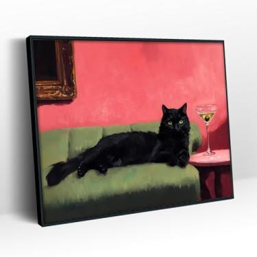 Imagem de Arte de parede em tela de gato preto engraçado com martini gato fofo no sofá verde decoração de parede imagens ecléticas coquetéis bar carrinho impressões para bar, cozinha, quarto, sala de estar