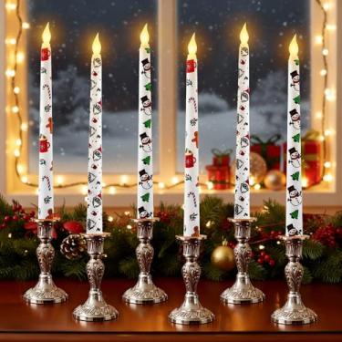 Imagem de Kittmip 6 velas de Natal sem chamas afuniladas de 28 cm de comprimento, boneco de neve, Papai Noel, homem de gengibre, operado por pilhas, mesa de centro de mesa para decoração de festa de Natal