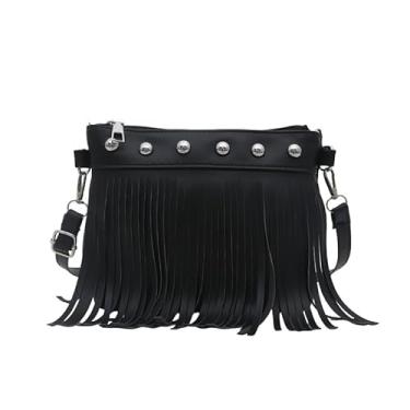 Imagem de Bolsa de ombro com franjas com tachas, bolsa transversal estilo vintage, bolsa feminina boho espaçosa, Preto, Medium, Mochila casual