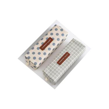 Imagem de Conjunto de 2 estojos de lápis estampados com design de bolinhas xadrez moderno cosmético organizador de viagem bolsa de armazenamento bolsa de transporte, Bege cinza