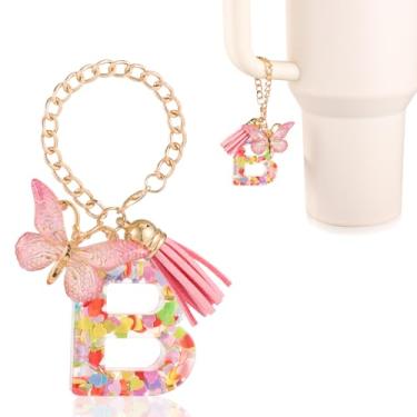 Imagem de Acessórios de copo com pingente de letra, decoração de copo de alfabeto fofo com alça de caneca, pingentes de decoração com borboleta, para Stanley Tumblers, presente feminino e feminino (B)